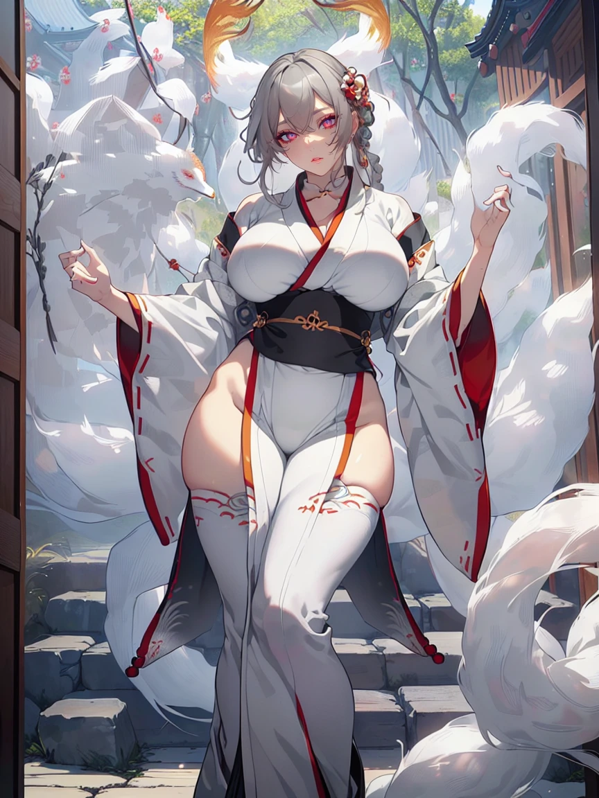 (Uhd, Masterpiece, Textured Skin, Super Detail, High Details, High Quality, Best Quality), Detailed Face, 1woman, mature pretty woman, ((wide hips, thick thighs, huge breasts)), ((Long gray hair tied:1.5)), ((White kimono), (Pants), (Huge body), (Cultivator), Courtyard with a stone floor, (Kitsune:1.5)