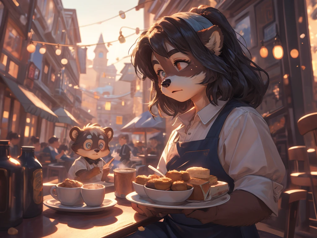 Hallucination , daydream , dynamic angle , rule of thirds Layout , Bokeh , dynamic action , There are lots of highlights of the movie , girly move , realistic hairy fur , round face , moist round eyes , Swollen cheeks , hair ties , Short stature , A rich expression , female racoon dog , can not stand it any longer , Disheveled clothing , Cafe staff , Cafe backyard, taking a break