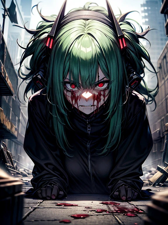 Ahegao、miku hatsune、Green hair、Black Dress、Very fellow humanoid characters, red eyes, She's crazy, nutty, horor, is scared, is scared, Shock value, Very diabolical, evocation, terrorism, terrorism, terrorism, rot, feeling of disgust, She is a psychopath, murky, extremely pale, paler, matted,, seem, terrifying, disease, Background ruins, gore, Bloody_mano, Yui, full body Esbian, (Messy_long_murky_Haar), Bosseler, evil eyes, Bright eye, psychopath,