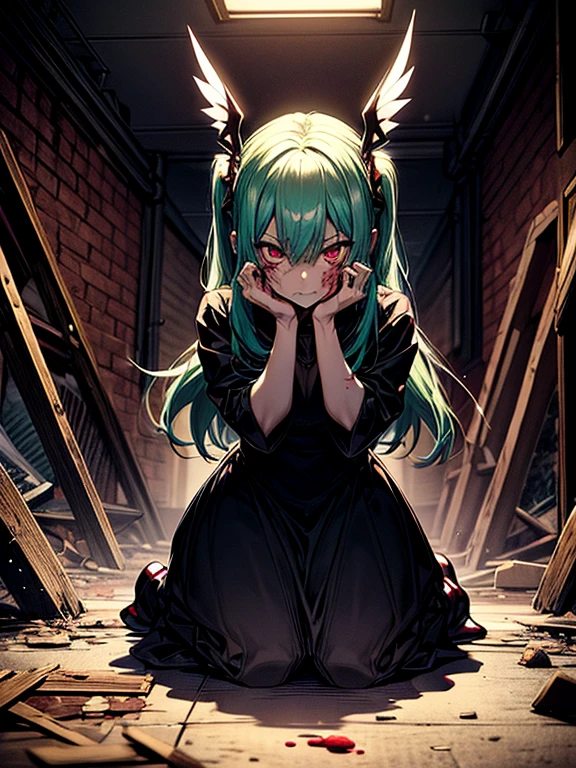 Ahegao、miku hatsune、Green hair、Black Dress、Very fellow humanoid characters, red eyes, She's crazy, nutty, horor, is scared, is scared, Shock value, Very diabolical, evocation, terrorism, terrorism, terrorism, rot, feeling of disgust, She is a psychopath, murky, extremely pale, paler, matted,, seem, terrifying, disease, Background ruins, gore, Bloody_mano, Yui, full body Esbian, (Messy_long_murky_Haar), Bosseler, evil eyes, Bright eye, psychopath,