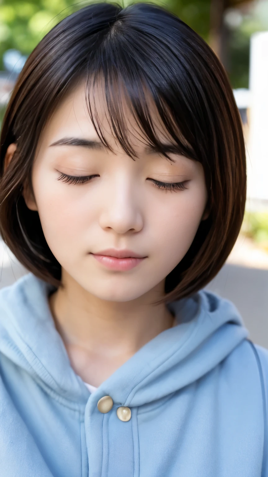 Japanese、27 years old、older sister、A randomly generated person with diverse facial features hairstyle、Perfect Anatomy,Alley、((Close your eyes、Close ~ eyes、Closing the eyelids))、Background Blur、For viewers、Front facing、Face up:1.1、ftont view:1.1、looking up:1.05、High angle