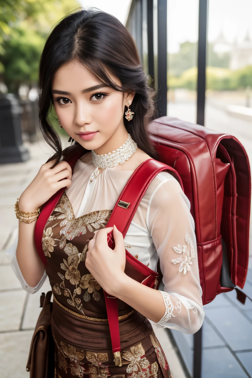 Masterpiece, hd, 1girl, 175cm, realistic, kebaya , very wet skin, facial expression, 23 years old, soft body, black hair, wavy hair,whole body, hair reaches waist, whole body,((head to leg)), black bracelets, black chain,((wearing brown Kebaya)), floral pattern long skirt, large earrings,close-up, 8k, RAW photo, best quality, masterpiece,realistic, elegant standing pose, photo-realistic,seductive,cute,royal palace background, rchelcia, looking into viewer, wearing red backpack, (backpack:1.1)