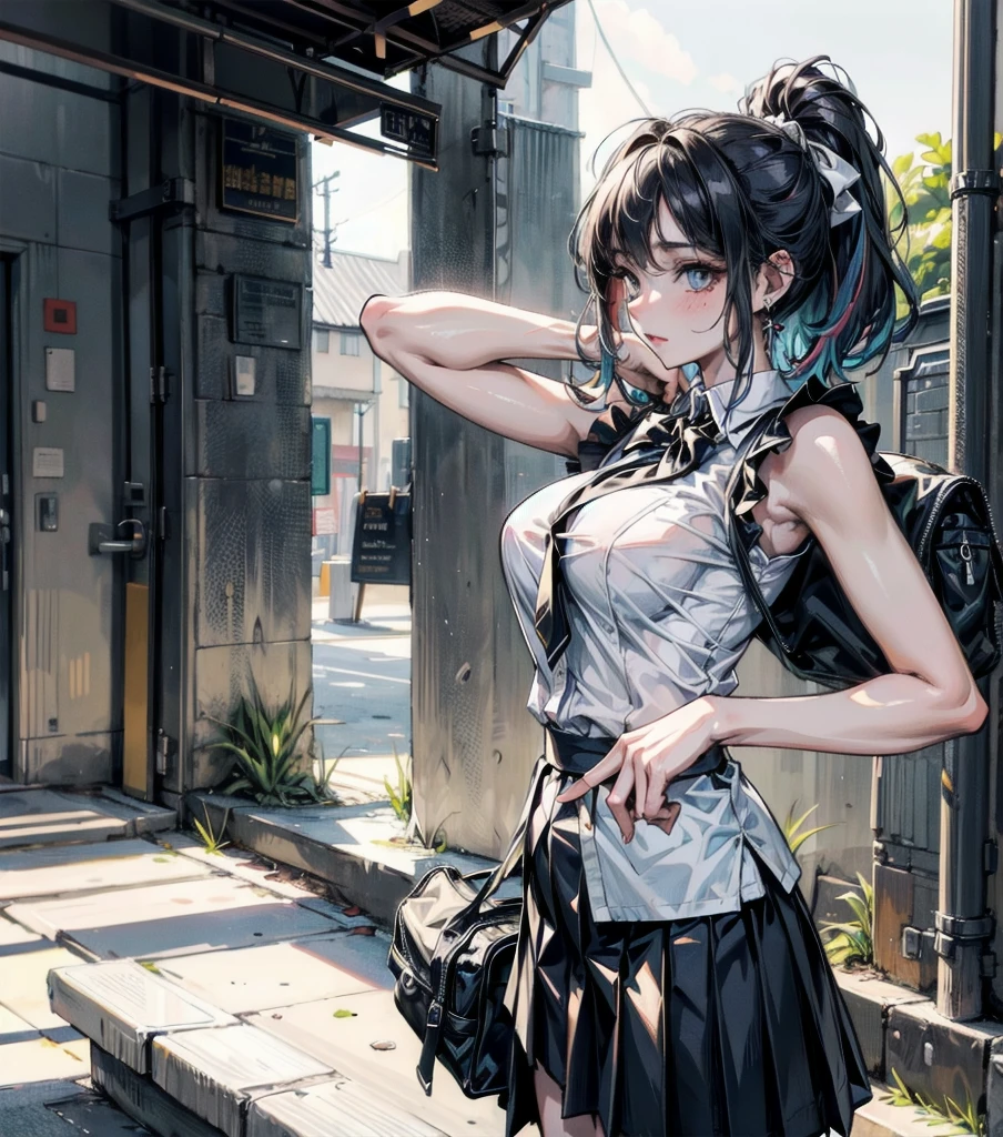 ((school uniform, summer shirt, skirt, sleeveless)), absurdres, RAW photo, extremely delicate and beautiful, masterpiece, Best Quality, ultra high resolution, 32k, hyperrealistic, ultra-detailed, detailed description, perfect anatomy, pale skin, 20 years old, detailed beautiful face and eyes, tearful mole, earring, short medium hair, wavy hair, random colored hair, whole body shot, colossal tits, 