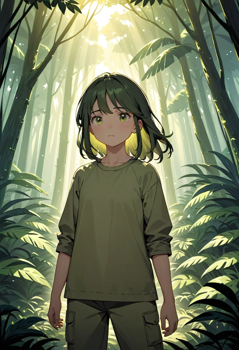 "A young girl is pictured in her natural jungle environment. She wears simple, practical clothing suited to life in the forest. Her hair is loose and disheveled, showing a connection with nature. The girl exudes an expression of determination and confidence, reflecting its adaptation to the wild environment. The lush vegetation around highlights its serene and harmonious presence with the jungle. The light filtered through the treetops creates a play of shadows and lights, adding depth and mystery to the scene."