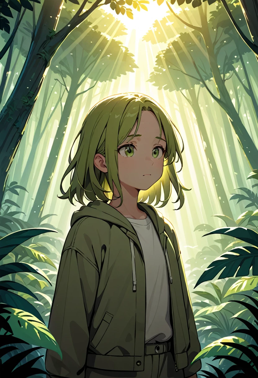 "A young girl is pictured in her natural jungle environment. She wears simple, practical clothing suited to life in the forest. Her hair is loose and disheveled, showing a connection with nature. The girl exudes an expression of determination and confidence, reflecting its adaptation to the wild environment. The lush vegetation around highlights its serene and harmonious presence with the jungle. The light filtered through the treetops creates a play of shadows and lights, adding depth and mystery to the scene."