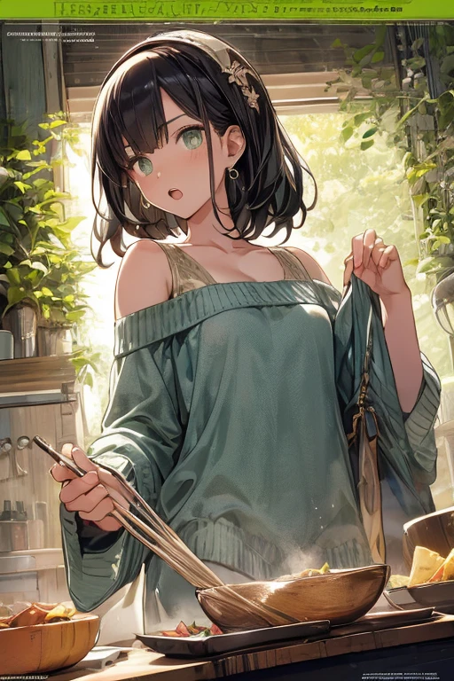 (small breasts:1.3), (perky chest:1.1), (pointed chest:1.0), (fashion magazine cover:1.3),(from below:1.0),(from side:0.9),masterpiece, 1girl, Amazing Cleavage:1.1, thin waist, big ass, Raised sexy, small breast: 1.3, posed cleavage:1.2、solo, looking at viewer, open mouth, have a cute grass of cute beergrass,black hair, dark green eyes, dress, bare shoulders, jewelry, collarbone, sidelocks, hairband, earrings, indoors, off shoulder, :o, sweater, arms behind back, plant, short hair with long locks, gild hairband, off-shoulder dress, sweater dress, off-shoulder sweater, red sweater, dark gord hair, big side hair, very long side hair,is rendered in (masterpiece: 1.2, best quality), with (ultra high resolution) and an exquisite (depth of field). This masterpiece is not only visually stunning but also tells,A scene of cooking in the kitchen by classroom