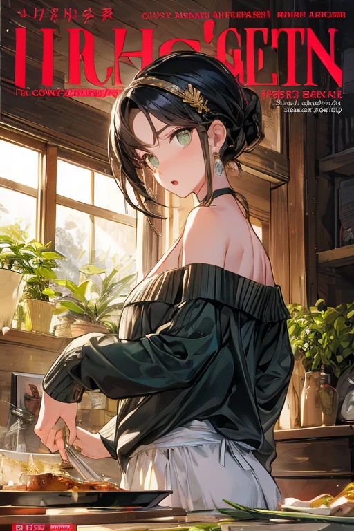 (small breasts:1.3), (perky chest:1.1), (pointed chest:1.0), (fashion magazine cover:1.3),(from below:1.0),(from side:0.9),masterpiece, 1girl, Amazing Cleavage:1.1, thin waist, big ass, Raised sexy, small breast: 1.3, posed cleavage:1.2、solo, looking at viewer, open mouth, have a cute grass of cute beergrass,black hair, dark green eyes, dress, bare shoulders, jewelry, collarbone, sidelocks, hairband, earrings, indoors, off shoulder, :o, sweater, arms behind back, plant, short hair with long locks, gild hairband, off-shoulder dress, sweater dress, off-shoulder sweater, red sweater, dark gord hair, big side hair, very long side hair,is rendered in (masterpiece: 1.2, best quality), with (ultra high resolution) and an exquisite (depth of field). This masterpiece is not only visually stunning but also tells,A scene of cooking in the kitchen by classroom