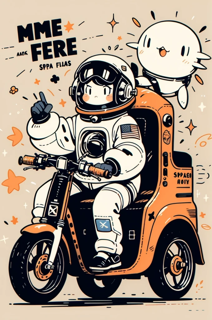 cinematic film still A visually striking chibi-style astronaut is depicted with remarkable detail, wearing a black tinted visor and a crisp white suit with red straps. This adorable hero is captured riding on a child's tricycle with big grippy tires, exploring the surface of the moon. The background showcases a delightful galaxy filled with stars and cosmic wonder. This conceptual art piece blends anime, photography, illustration, and typography to create a whimsical and imaginative portrayal of space exploration.