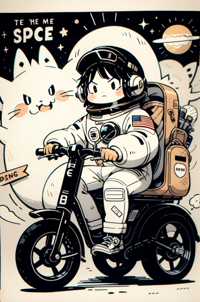 cinematic film still A visually striking chibi-style astronaut is depicted with remarkable detail, wearing a black tinted visor and a crisp white suit with red straps. This adorable hero is captured riding on a child's tricycle with big grippy tires, exploring the surface of the moon. The background showcases a delightful galaxy filled with stars and cosmic wonder. This conceptual art piece blends anime, photography, illustration, and typography to create a whimsical and imaginative portrayal of space exploration.