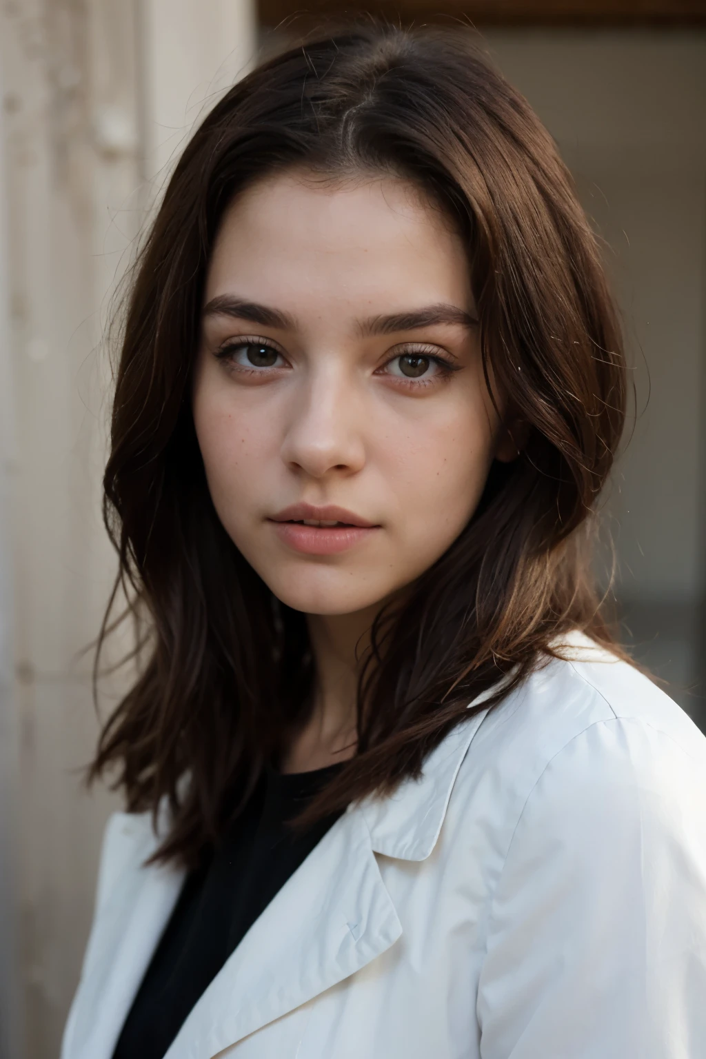 arafed woman with long brown hair and a white jacket, a picture by Emma Andijewska, reddit, renaissance, anastasia ovchinnikova, kailee mandel, portrait sophie mudd, headshot profile picture, young woman with long dark hair, without makeup, julia sarda, viktoria gavrilenko, young woman in her 20s((best quality)), ((masterpiece)), (detailed), perfect face