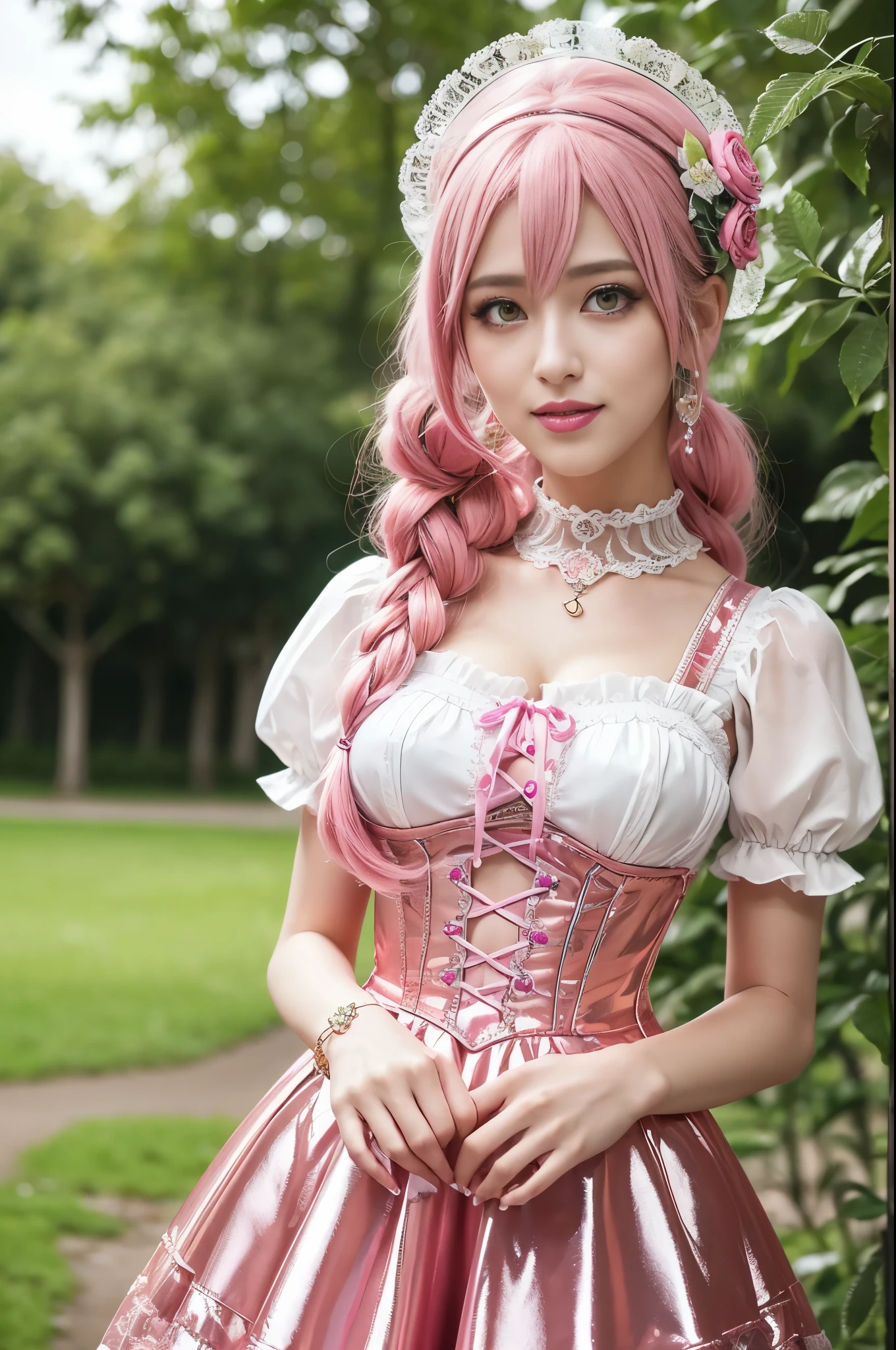 ((nsfw)), sexy stylish Swedish model, only 1 female, ((doll-like appearance)), long neon pink stylish hair, ((shiny Victorian-Style boots)), beautiful smile, ultra detailed eyes, vivid eye makeup, lipgloss, long lashes, defined eyebrows, ((sexy Paradise Kiss cosplay)), bell-shaped skirt, petticoats, high neckline, puffed sleeves, (( ultra detailed lace)), ((ultra detailed embroidery)), intricate details, Paradise Kiss accessoires and matching headpiece, choker, ((large sparkling Paradise Kiss jewelry)), cinematic light, detailed large park background with trees