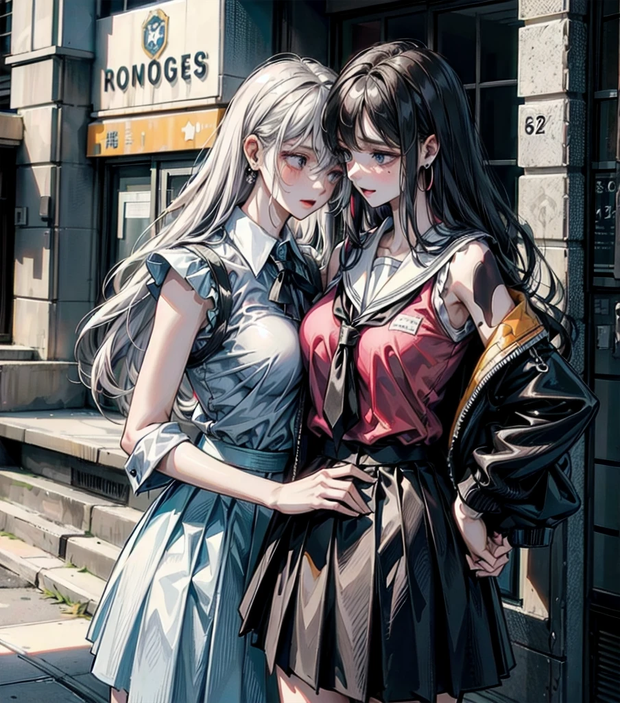 (((yuri))), (((2 girls))), ((school uniform, summer shirt, skirt, sleeveless)), absurdres, RAW photo, extremely delicate and beautiful, masterpiece, Best Quality, ultra high resolution, 32k, hyperrealistic, ultra-detailed, detailed description, perfect anatomy, pale skin, 20 years old, detailed beautiful face and eyes, tearful mole, earring, short medium hair, wavy hair, random colored hair, whole body shot, colossal tits,