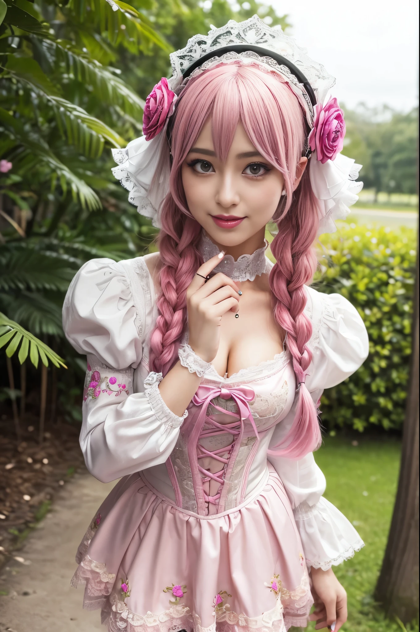 ((nsfw)), sexy stylish Swedish model, only 1 female, ((doll-like appearance)), long neon pink stylish hair, ((shiny Victorian-Style boots)), beautiful smile, ultra detailed eyes, vivid eye makeup, lipgloss, long lashes, defined eyebrows, ((sexy Paradise Kiss cosplay)), bell-shaped skirt, petticoats, high neckline, puffed sleeves, (( ultra detailed lace)), ((ultra detailed embroidery)), intricate details, Paradise Kiss accessoires and matching headpiece, choker, ((large sparkling Paradise Kiss jewelry)), cinematic light, detailed large park background with trees