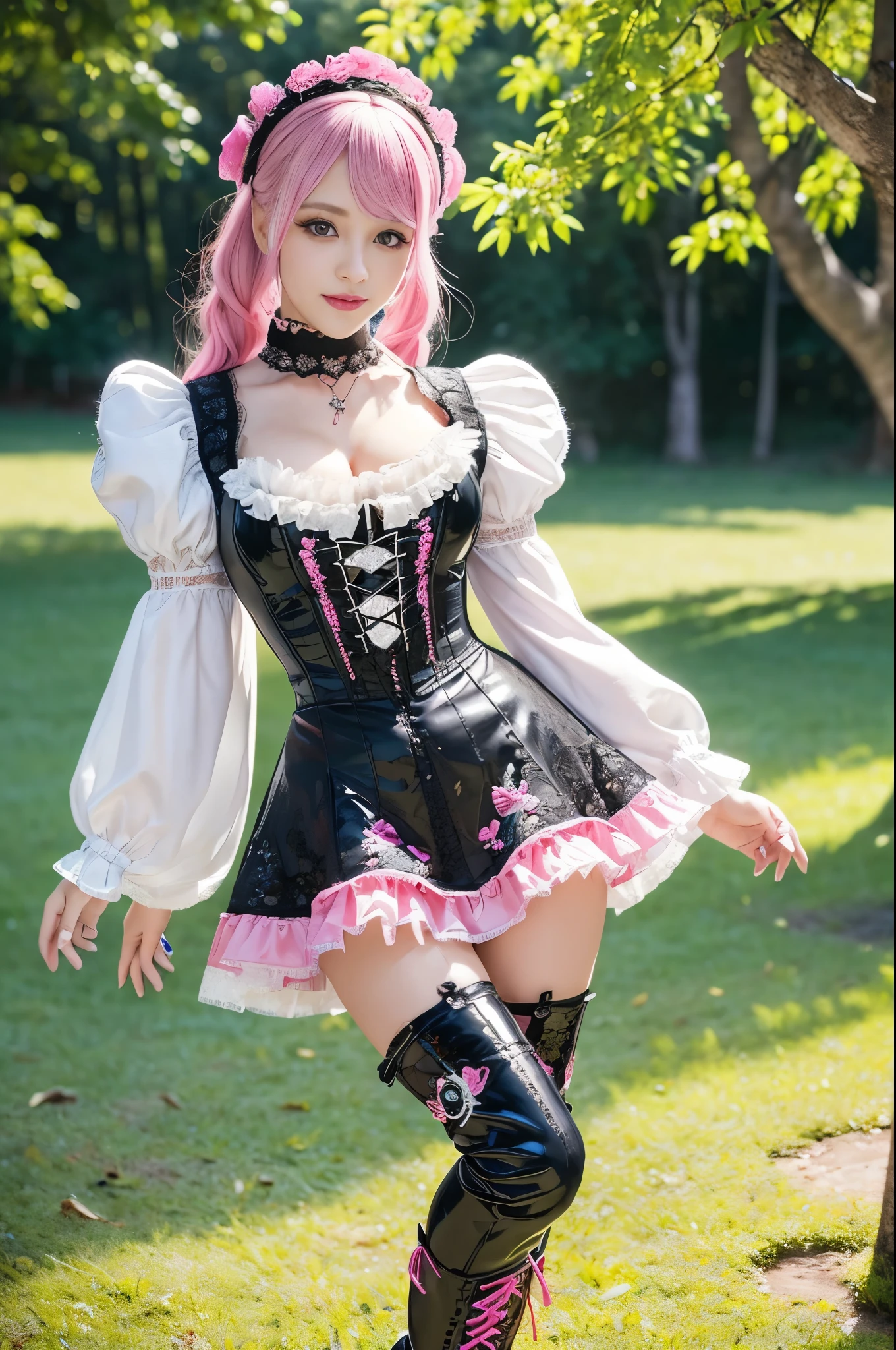 ((nsfw)), sexy stylish Swedish model, only 1 female, ((doll-like appearance)), long neon pink stylish hair, ((shiny Victorian-Style boots)), beautiful smile, ultra detailed eyes, vivid eye makeup, lipgloss, long lashes, defined eyebrows, ((sexy Paradise Kiss cosplay)), bell-shaped skirt, petticoats, high neckline, puffed sleeves, (( ultra detailed lace)), ((ultra detailed embroidery)), intricate details, Paradise Kiss accessoires and matching headpiece, choker, ((large sparkling Paradise Kiss jewelry)), cinematic light, detailed large park background with trees 