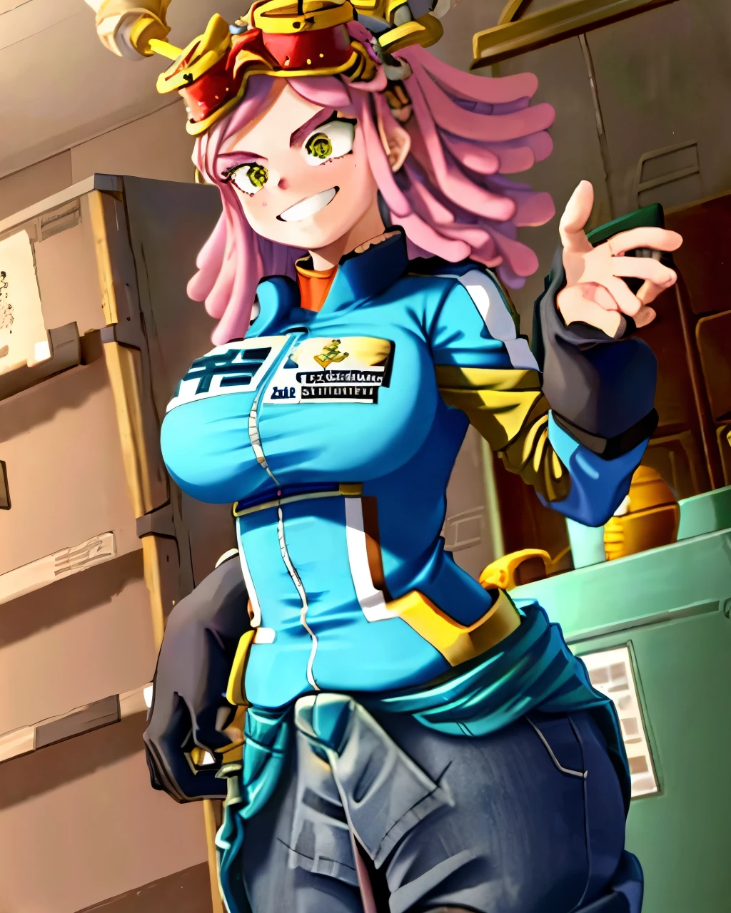 ((best quality)), ((highly detailed)), masterpiece, detailed face, beautiful face, (detailed eyes, deep eyes), (1girl), cowboy shot, hatsume mei(MHA), pink hair, yellow eyes, symbol-shaped pupils, crosshair pupils, grin, (muscular female), large breasts, my_hero_academia_gym_uniform, blue uniform, pants, inside, in a locker room,fat