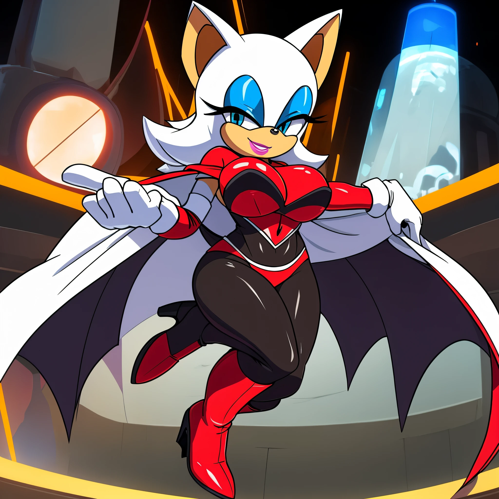 score_9, score_8_up, 2D, flat color, looking at viewer, 1girl, very detailed, extremely detailed, Rouge the Bat from the sonic the hedgehog series, portrait, smug expression, sound lines, makeup, light on the lipstick, hair down, ((long hair)), large bust, milf, Towa cosplay, cosplay, Rouge the Bat, She wears a red and black skintight body suit that has a v shaped hole around her stomach, and has slits on the bottom half, exposing the bottom of her breasts. She wears a white open leg cape that is jagged at the bottom, and red and black high heels