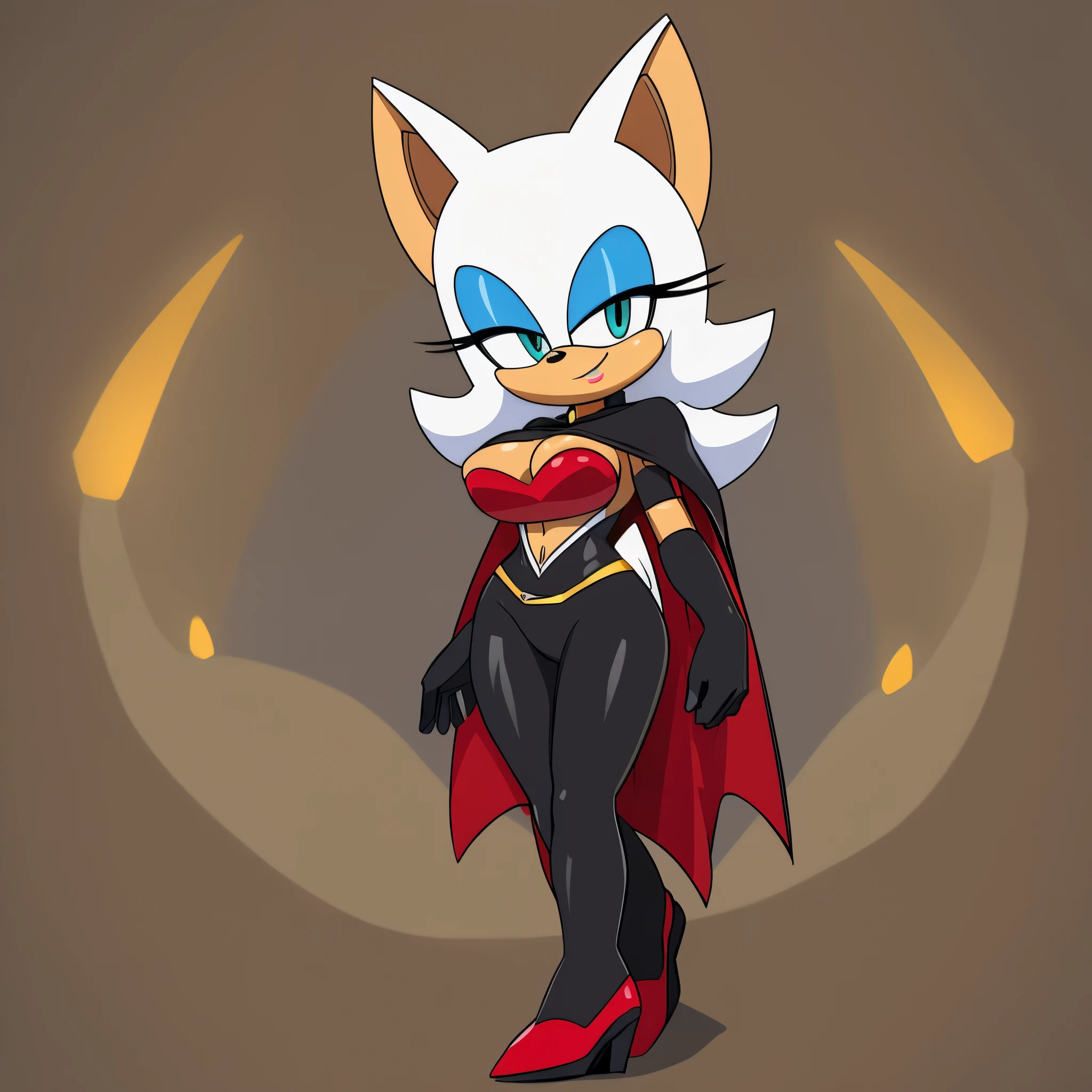 score_9, score_8_up, 2D, flat color, looking at viewer, 1girl, very detailed, extremely detailed, Rouge the Bat from the sonic the hedgehog series, portrait, smug expression, sound lines, makeup, light on the lipstick, hair down, ((long hair)), large bust, milf, Towa cosplay, cosplay, Rouge the Bat, She wears a red and black skintight body suit that has a v shaped hole around her stomach, and has slits on the bottom half, exposing the bottom of her breasts. She wears a white open leg cape that is jagged at the bottom, and red and black high heels