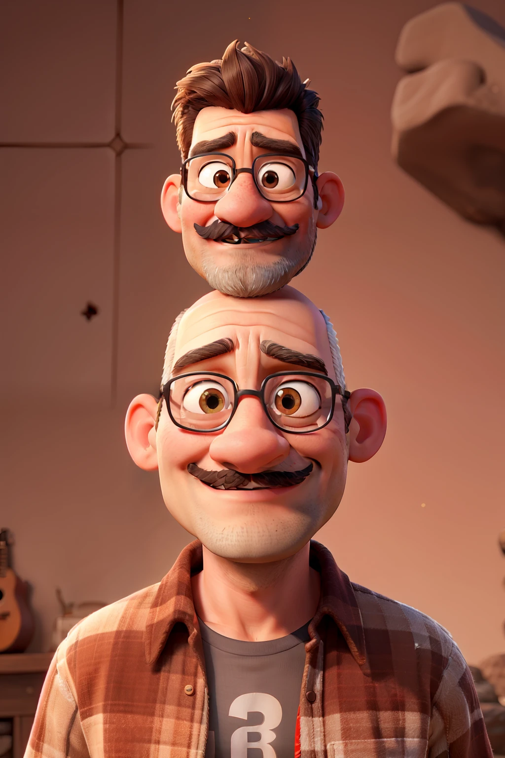 CREATE A DISNEY PIXAR STYLE DRAWING OF A MAN LOOKING 70 YEARS OLD, SMILING. BROWN SKIN. BALD HEAD WITH A WHITE KIPÁ. WHITE BEARD AND MUSTACHE. SQUARE GLASSES ON THE FACE. WEARING A ROCK IN ROLL OUTFIT. BLACK SHOES. THE MAN SHOULD HOLD A RED GUITAR. BEHIND THE IMAGE A WHITE BACKGROUND