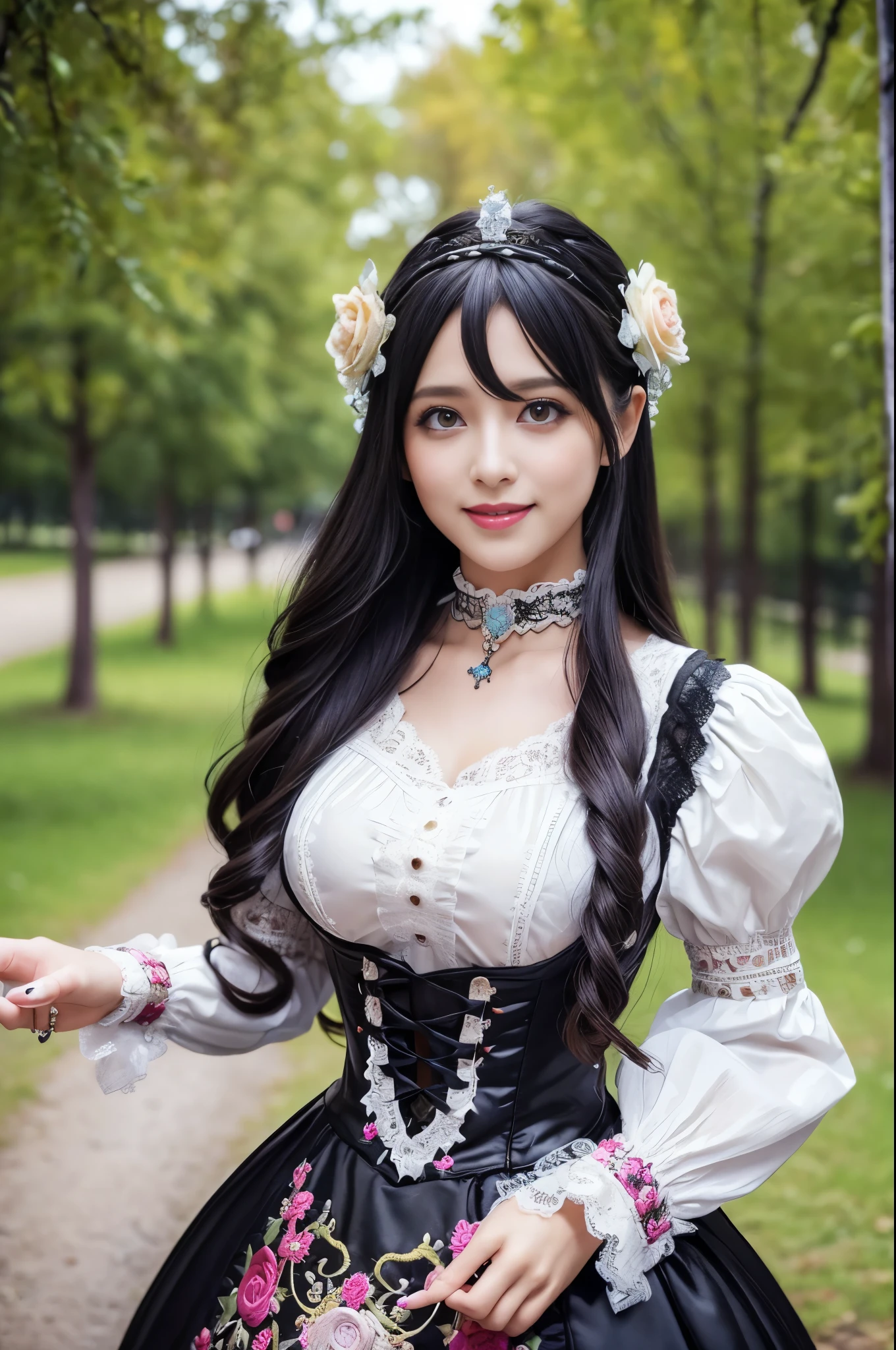 (nsfw), sexy stylish Swedish model, only 1 female, ((doll-like appearance)), long stylish hair, ultra detailed Victorian-Style boots, ((big smile)), ultra detailed eyes, vivid eye makeup, lipgloss, long lashes, defined eyebrows, ((sexy Paradise Kiss cosplay)), bell-shaped skirt, petticoats, high neckline, puffed sleeves, (( ultra detailed lace)), ((ultra detailed embroidery)), intricate details, Paradise Kiss accessoires and matching headpiece, choker, ((large sparkling Paradise Kiss jewelry)), cinematic light, detailed large park background with trees