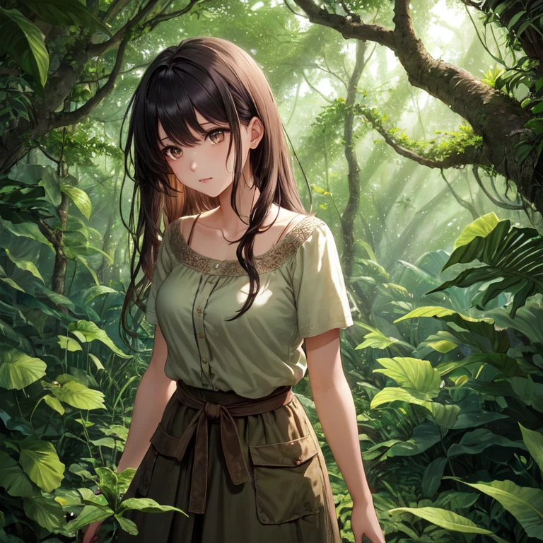 "A young girl is pictured in her natural jungle environment. She wears simple, practical clothing suited to life in the forest. Her hair is loose and disheveled, showing a connection with nature. The girl exudes an expression of determination and confidence, reflecting its adaptation to the wild environment. The lush vegetation around highlights its serene and harmonious presence with the jungle. The light filtered through the treetops creates a play of shadows and lights, adding depth and mystery to the scene."