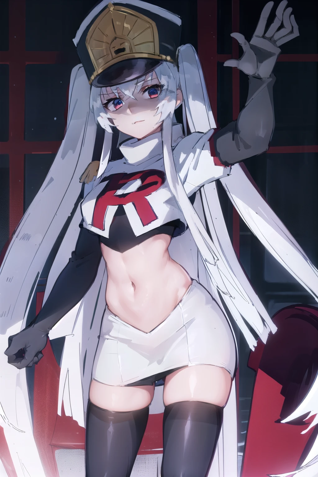 1girl, solo, altair, team rocket,team rocket uniform,white skirt,red letter R,crop top,black thigh-highs,black elbow gloves,