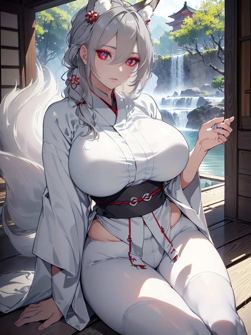 (Uhd, Masterpiece, Textured Skin, Super Detail, High Details, High Quality, Best Quality), Detailed Face, 1woman, mature pretty woman, ((wide hips, thick thighs, huge breasts)), ((Long gray hair tied:1.5)), ((White kimono), (Pants), (Huge body), (Cultivator), Courtyard with a stone floor, (Kitsune:1.3, Kitsune Ears)