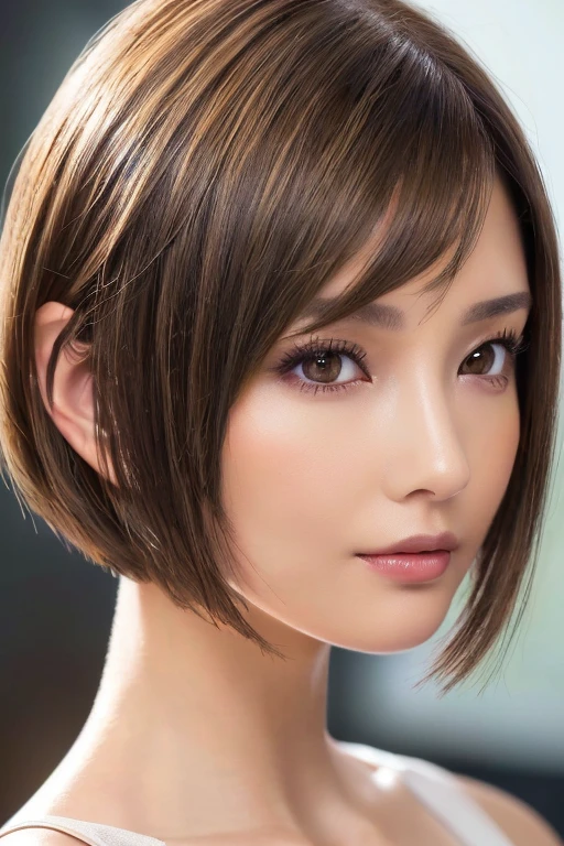  (Clear focus: 1.2), 1 girl,(Close-up of face:1.4) ((Light brown hair, Asymmetrical short bob cut: 1.3)), The bangs are swept behind the ears, Slim face, Fine Eyes, double eyelid, Exposed cleavage, Unbelievably absurd, Floating Hair,((Realistic lighting, highest quality, 8k, masterpiece: 1.3)),