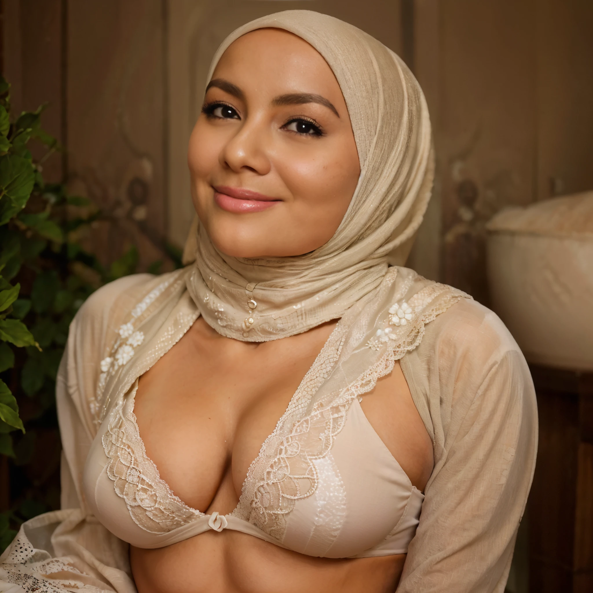 sportsbra, cleavage, hijabi, Absurd, ultra-detailed, high quality, masterpiece, detailed face, beautiful eyes(detailed eyes), Greek mythology Goddess, Hestia, goddess of the hearth and home, gentle and graceful, face exudes warmth and kindness, eyes described as soft and comforting, gentle and steady gaze, overall appearance is simple and modest, The fabric of her garments is usually depicted as soft and earth-toned, beauty lies not in extravagant adornments, Her smile is serene and welcoming