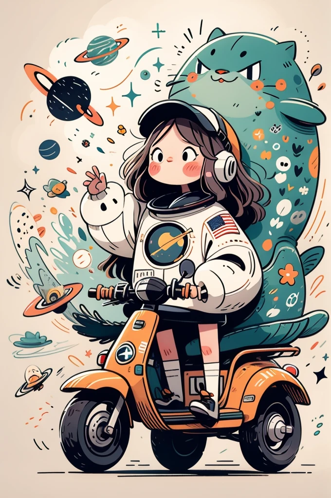 cinematic film still A visually striking chibi-style astronaut is depicted with remarkable detail, wearing a black tinted visor and a crisp white suit with red straps. This adorable hero is captured riding on a child's tricycle with big grippy tires, exploring the surface of the moon. The background showcases a delightful galaxy filled with stars and cosmic wonder. This conceptual art piece blends anime, photography, illustration, and typography to create a whimsical and imaginative portrayal of space exploration.