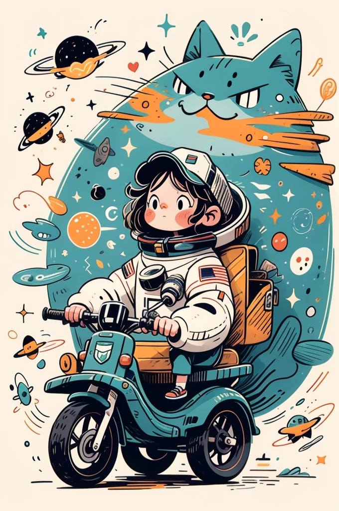 cinematic film still A visually striking chibi-style astronaut is depicted with remarkable detail, wearing a black tinted visor and a crisp white suit with red straps. This adorable hero is captured riding on a child's tricycle with big grippy tires, exploring the surface of the moon. The background showcases a delightful galaxy filled with stars and cosmic wonder. This conceptual art piece blends anime, photography, illustration, and typography to create a whimsical and imaginative portrayal of space exploration.