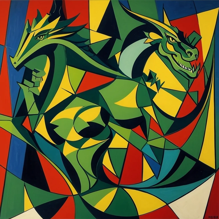 dragon woman, cubism paint, plans, green, Picasso, asian dragon, Fish Skin