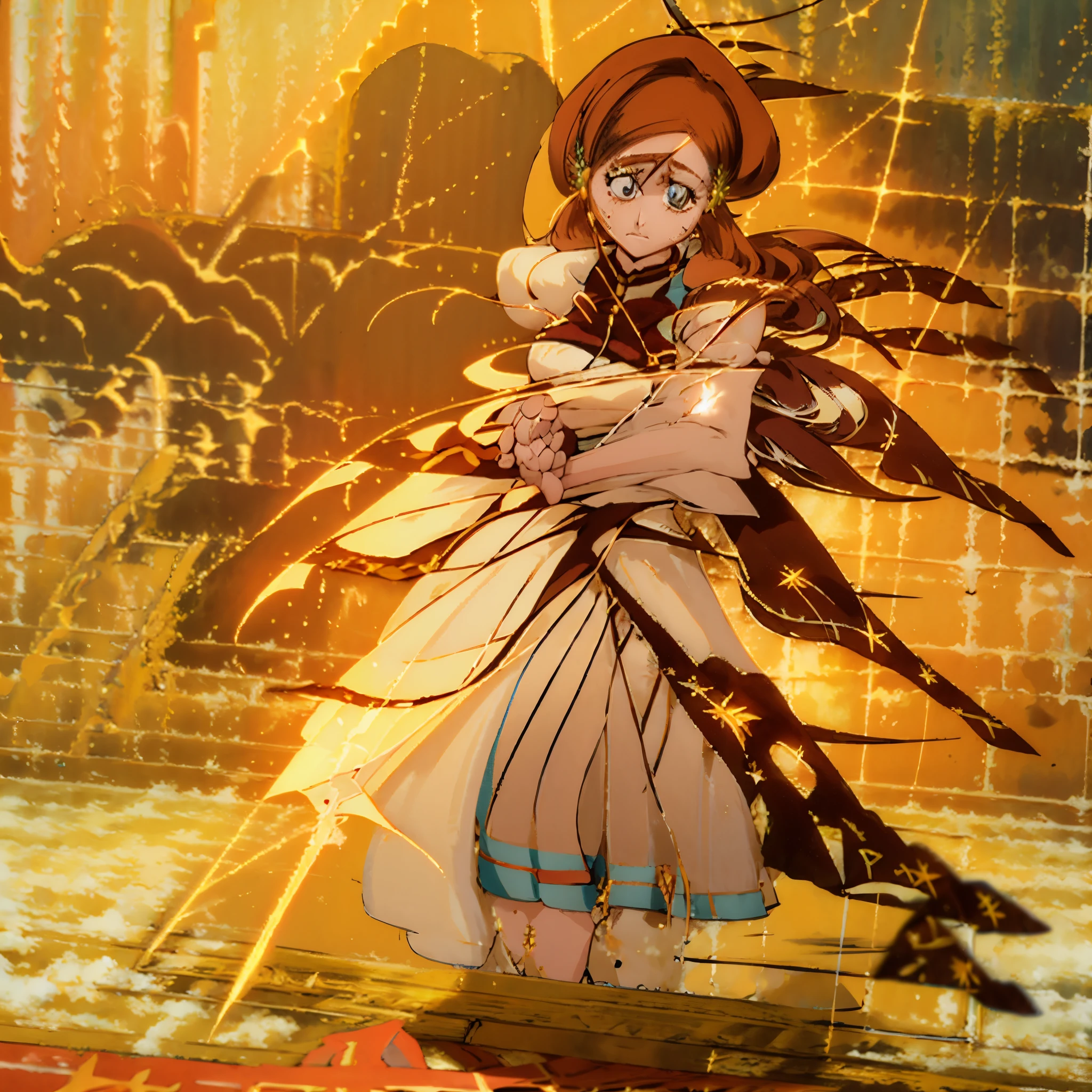 Orihime Inoue of anime Bleach, , hair over eyes, orange hair, long hair, ornaments (star-shaped barrettes) in blue hair, brown uniform, cropped clothes, orange skirt, black thighs, shoes, skirt pulled up, showing her panties, view from below, looking at the viewer, disgusted face, disgusted look