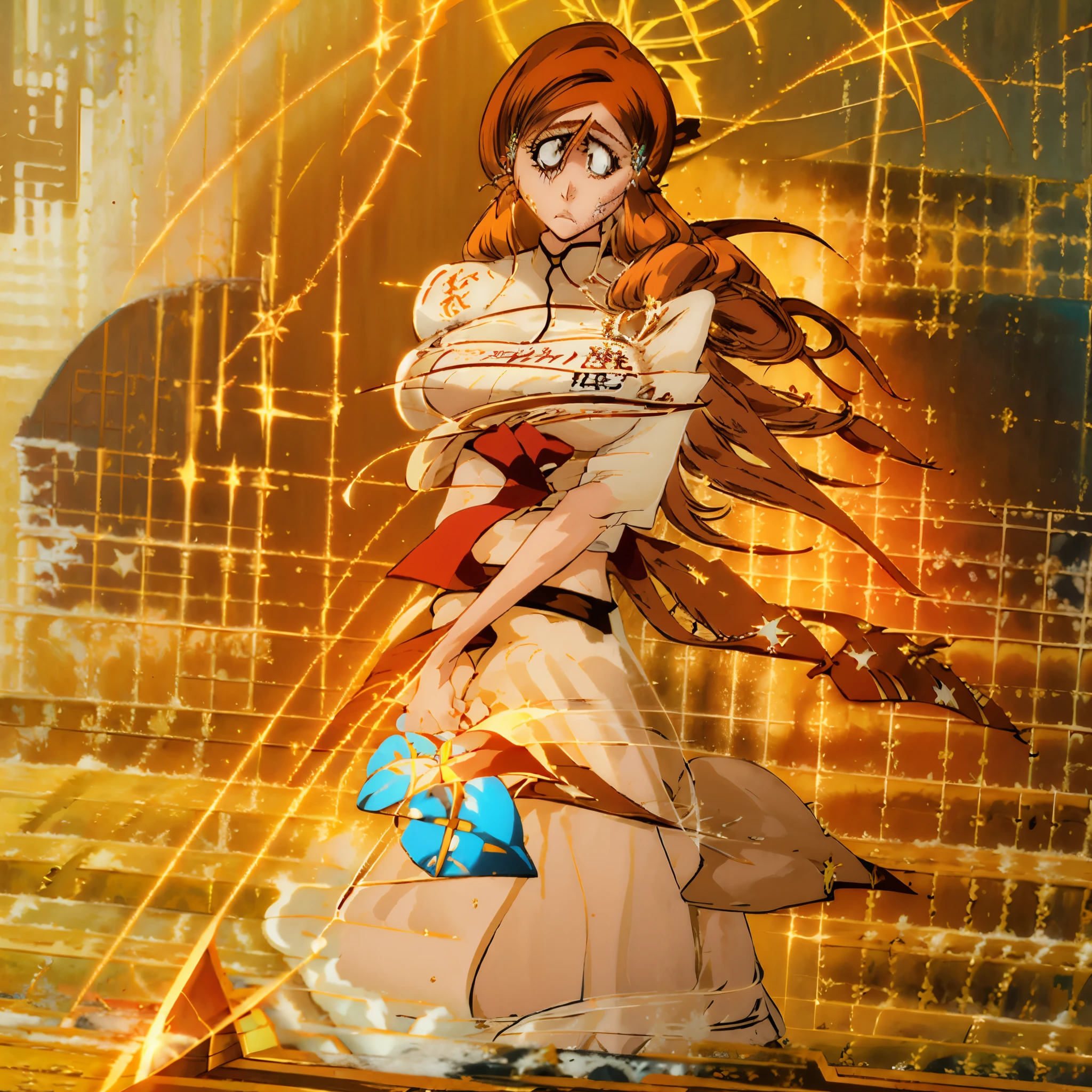 Orihime Inoue of anime Bleach, , hair over eyes, orange hair, long hair, ornaments (star-shaped barrettes) in blue hair, brown uniform, cropped clothes, orange skirt, black thighs, shoes, skirt pulled up, showing her panties, view from below, looking at the viewer, disgusted face, disgusted look