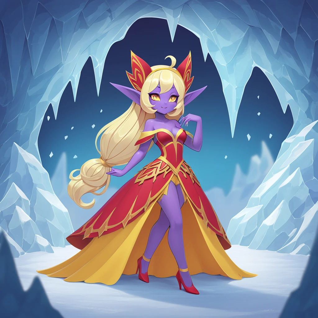 witch monster girl with straight blonde hair purple skin and dressed in red and yellow opera dress in a ice cave