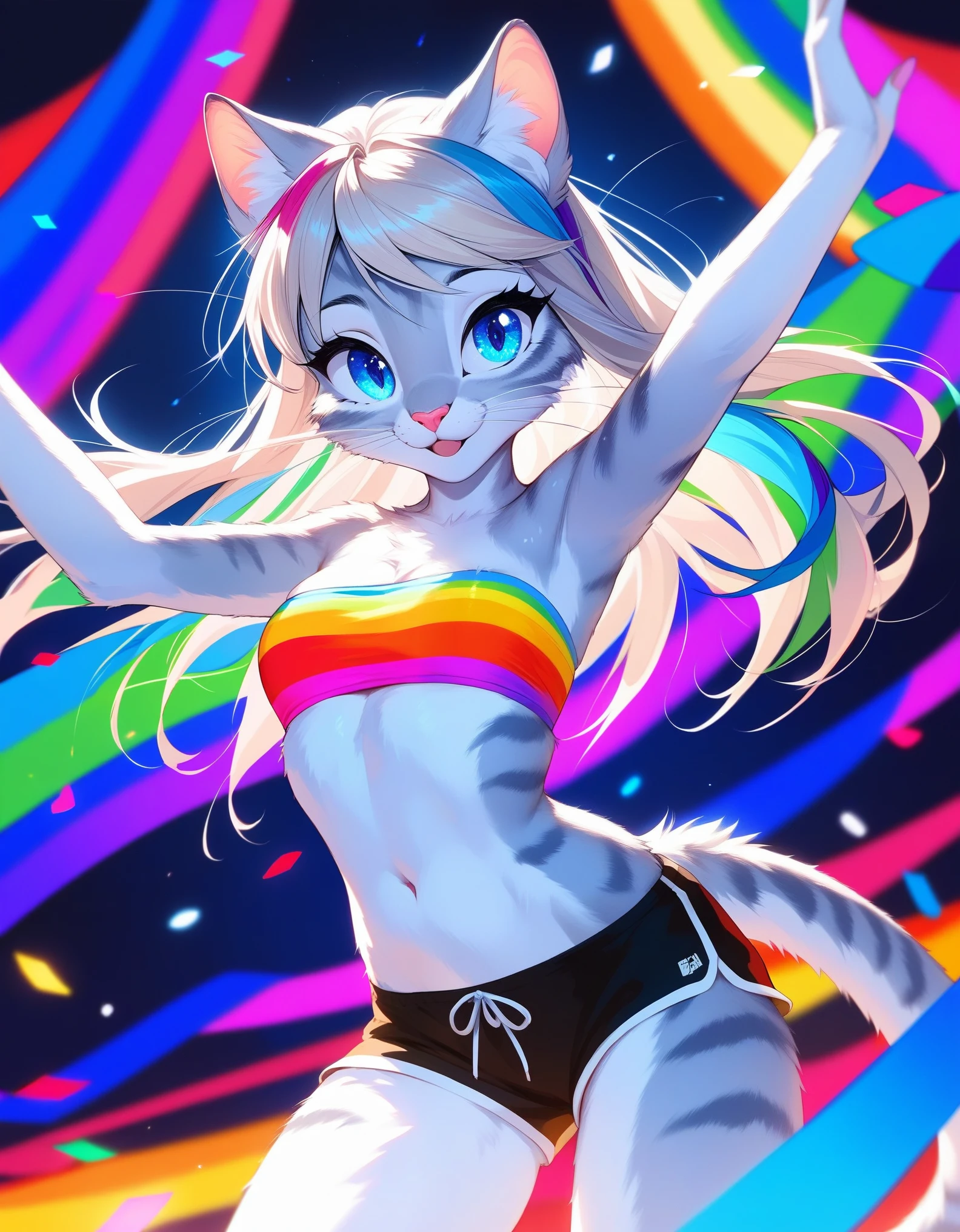 score_9,score_8_up,score_7_up, source_cartoon, source_furry, Kat, a cute Anthro furry feline girl, tall body, hourglass figure, adult female, blue eyes, :3, silver fur, long blonde hair, highlights in hair, white whiskers, pink nose, wearing pasties, purple thong, dancing, looking amazed, eyes sparkling, at a colorful nightclub, nightclub, neon lights, looking up, laughing, cameltoe, lewd dance, hip sway, slutty,