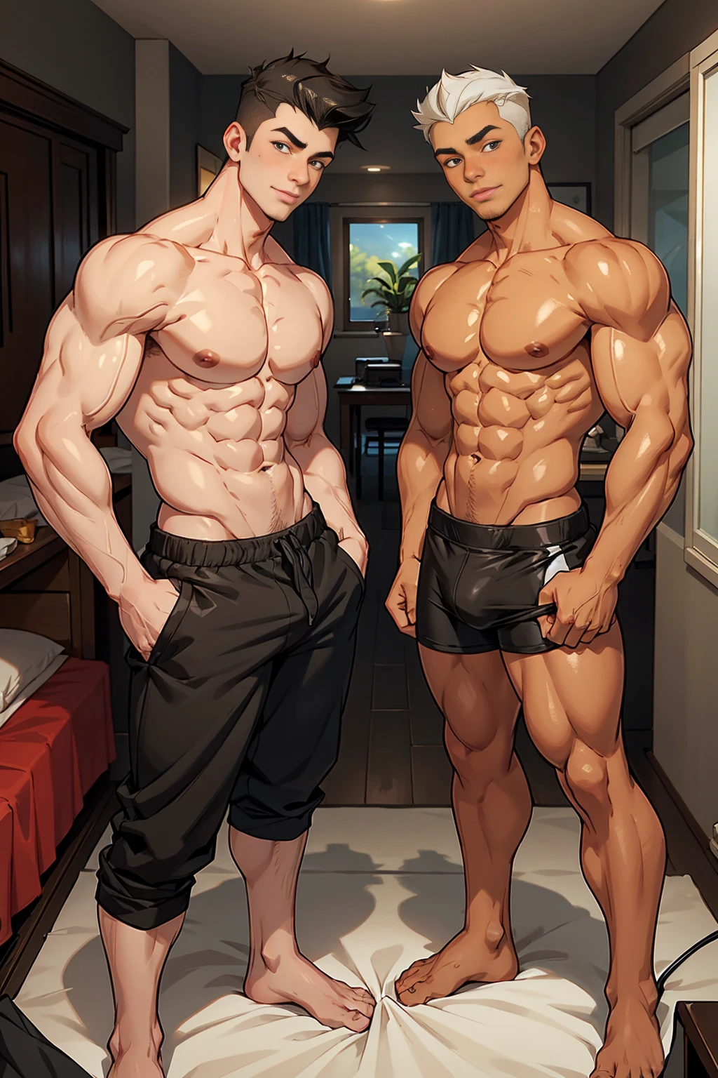 Two characters in the scene. Two identical teenage twin brothers, both with mischievous smiles, slim and muscular bodies, pretty faces, honey-colored eyes, oily and shiny skin,
the twin on the right with short black hair in a pompadour, the twin on the left with short white hair combed to the side. They are standing inside a teenage bedroom, with their backs bare, wearing small swim trunks with their hands on the waist of the other in underwear and with a huge bulge in the groin.