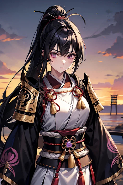 "Japanese samurai woman, 27 years old, black hair, long to the waist, tied up in a high ponytail during battle, deep purple eyes, traditional samurai armor with gold and black design, lightweight, dual swords at waist, muscular but agile physique, calm and composed expression, background setting in a fantasy kingdom, combining elements of traditional samurai culture and magical aura."