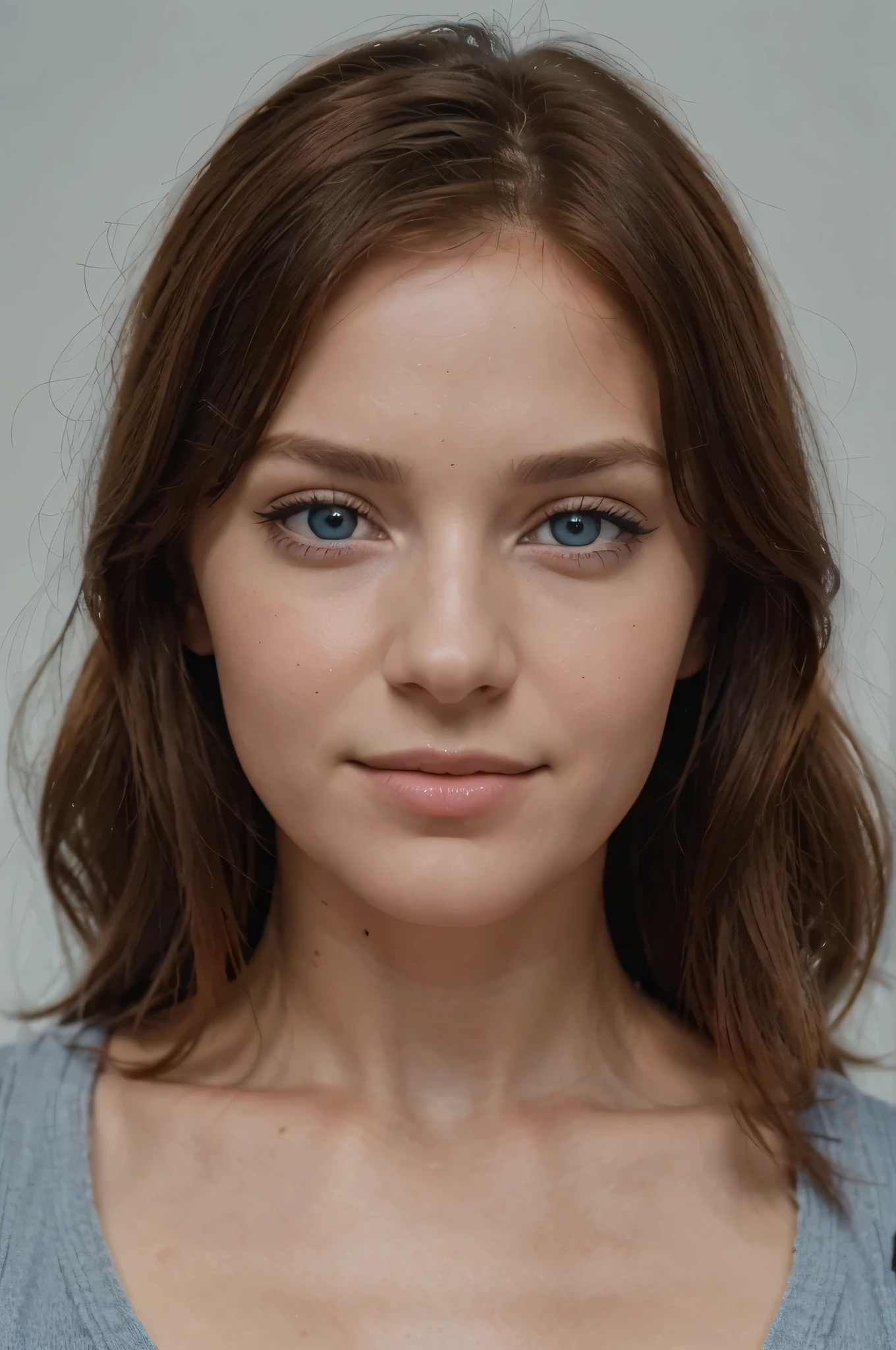 id pic photo portrait en gros plan de la belle 26 ans, femme, se maquiller, naturelle, 8k UHD, High quality, spectaculaire, cinematic, cheveux roux, yeux bleu, souriante, nez fin, menton doux, grey blue eye