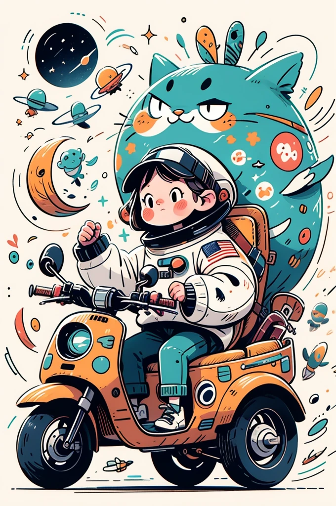 cinematic film still A visually striking chibi-style astronaut is depicted with remarkable detail, wearing a black tinted visor and a crisp white suit with red straps. This adorable hero is captured riding on a child's tricycle with big grippy tires, exploring the surface of the moon. The background showcases a delightful galaxy filled with stars and cosmic wonder. This conceptual art piece blends anime, photography, illustration, and typography to create a whimsical and imaginative portrayal of space exploration.