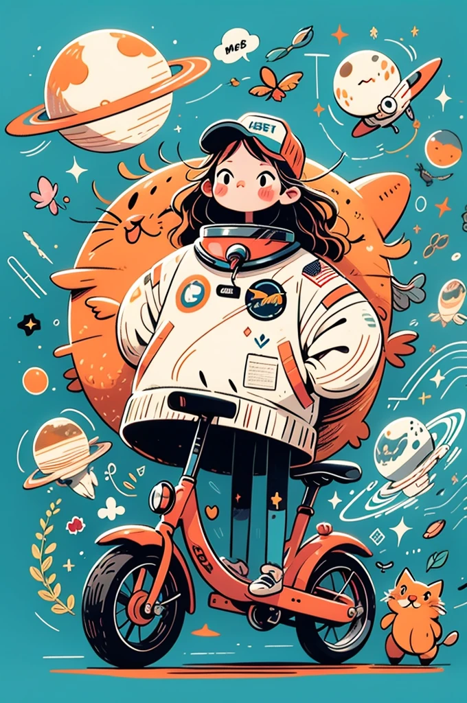 cinematic film still A visually striking chibi-style astronaut is depicted with remarkable detail, wearing a black tinted visor and a crisp white suit with red straps. This adorable hero is captured riding on a child's tricycle with big grippy tires, exploring the surface of the moon. The background showcases a delightful galaxy filled with stars and cosmic wonder. This conceptual art piece blends anime, photography, illustration, and typography to create a whimsical and imaginative portrayal of space exploration.