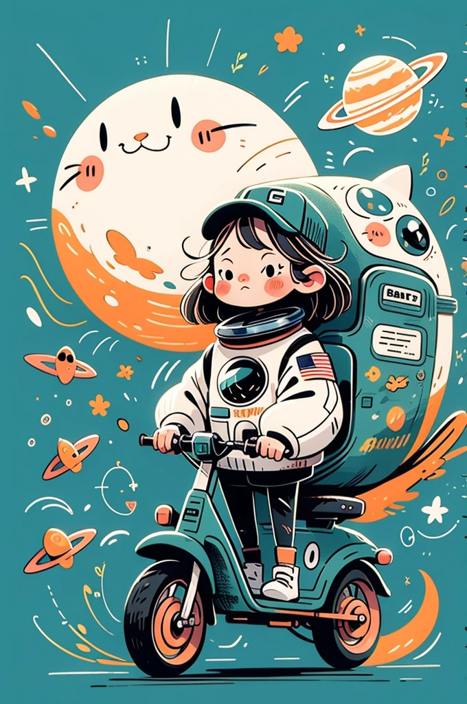 cinematic film still A visually striking chibi-style astronaut is depicted with remarkable detail, wearing a black tinted visor and a crisp white suit with red straps. This adorable hero is captured riding on a child's tricycle with big grippy tires, exploring the surface of the moon. The background showcases a delightful galaxy filled with stars and cosmic wonder. This conceptual art piece blends anime, photography, illustration, and typography to create a whimsical and imaginative portrayal of space exploration.