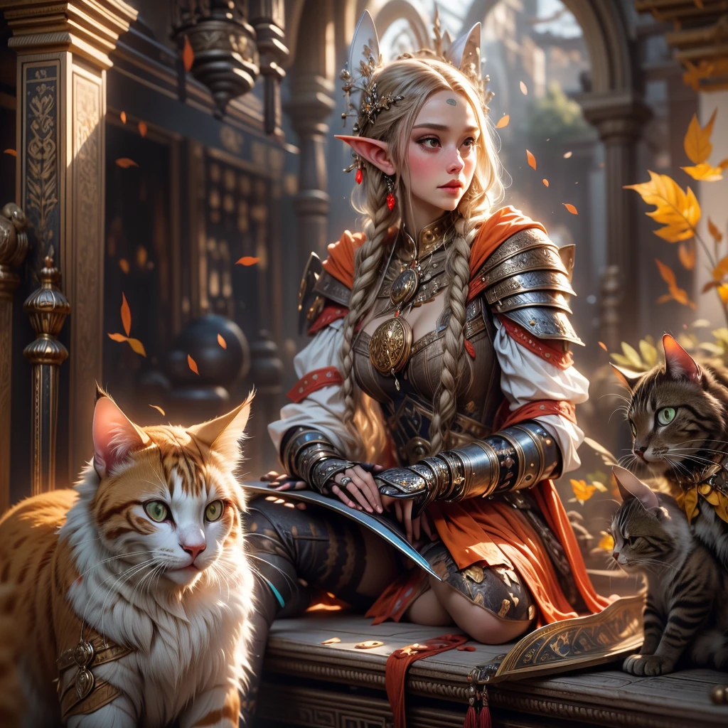 (one person with a cat) (hyperrealistic) (masterpiece) (4k) one adult female elf with dark blonde hair, forehead, wearing medieval clothes and silver armor playing with a big orange-white cat with orange-green eyes, medieval nature background, sword, books, medieval place, nature, elf with her pet, one elf and one cat