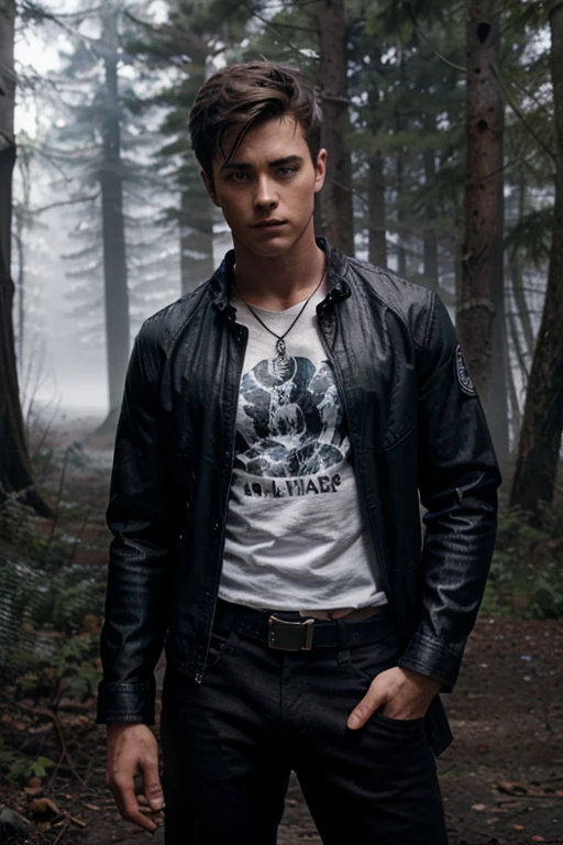 Ryan Kelley, Jordan Parrish, Teen Wolf, 20 years old, short messy blonde brown hair, brown eyes, dark blue t-shirt, dark black jean jacket with police print, dark black jean pants, black combat boots. silver pendant, white wolf print. Forest background with fog aura around black color.