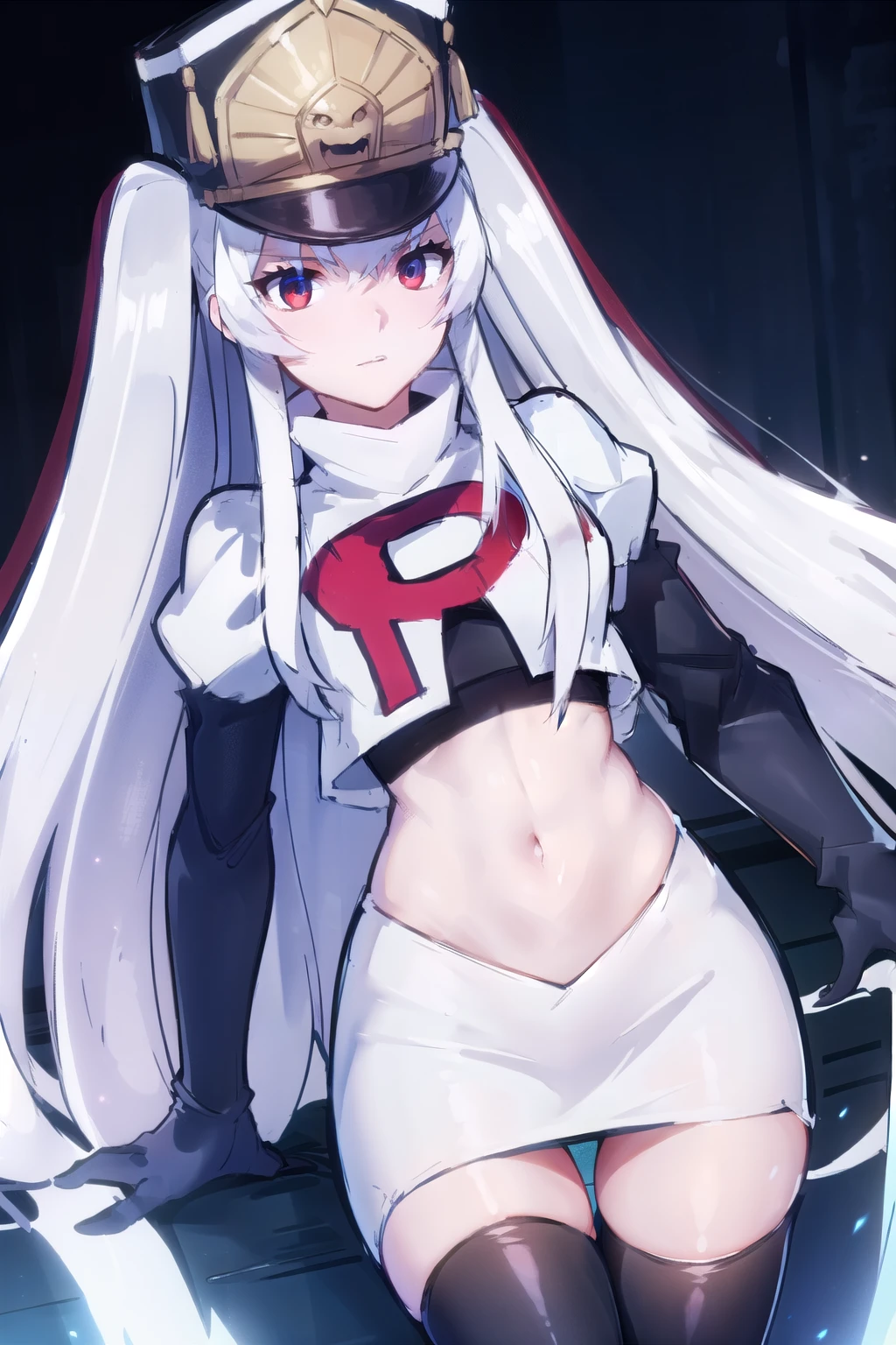1girl, solo, altair, team rocket,team rocket uniform,white skirt,red letter R,crop top,black thigh-highs,black elbow gloves,