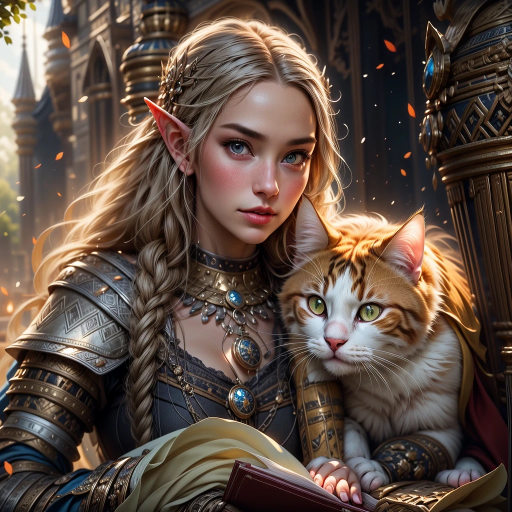 (one person with a cat) (hyperrealistic) (masterpiece) (4k) one adult female elf with dark blonde hair, forehead, wearing medieval clothes and silver armor playing with a big orange-white cat with orange-green eyes, medieval nature background, sword, books, medieval place, nature, elf with her pet, one elf and one cat