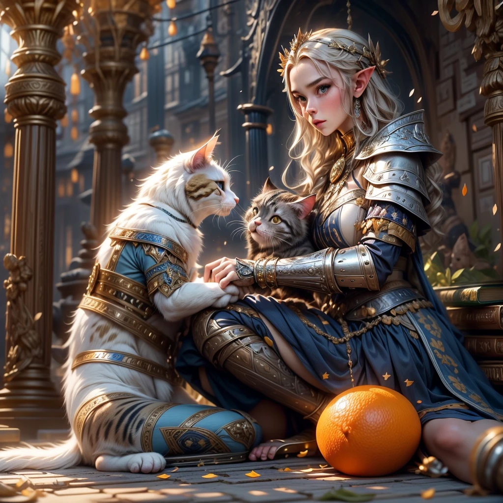 (one person with a cat) (hyperrealistic) (masterpiece) (4k) one adult female elf with dark blonde hair, forehead, wearing medieval clothes and silver armor playing with a big orange-white cat with orange-green eyes, medieval nature background, sword, books, medieval place, nature, elf with her pet, one elf and one cat