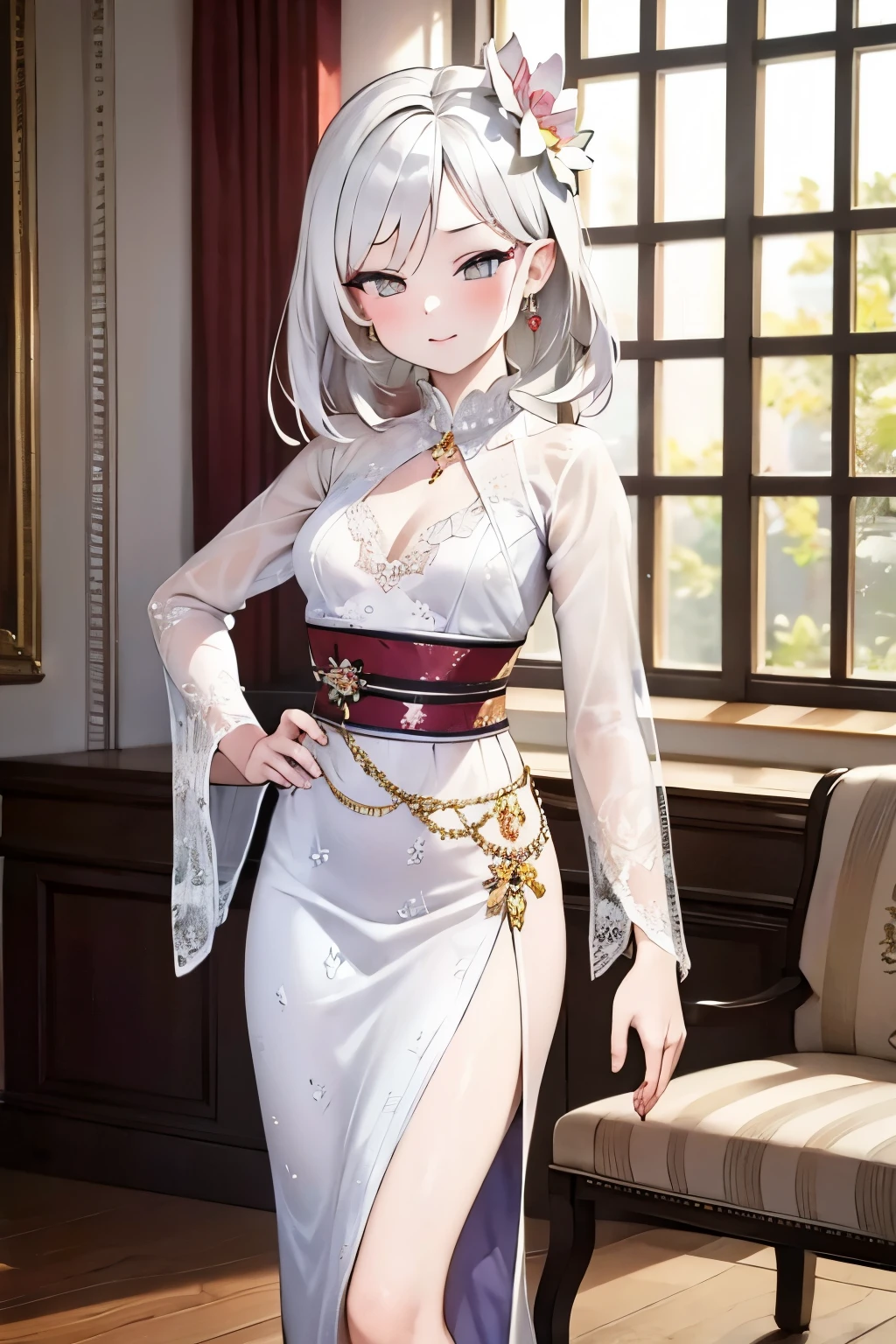 Masterpiece, hd, 1girl, mutsuki,  realistic, kebaya ,, mutsugaki expression,small breasts , white hair,  hair ornaments ,((wearing white, Kebaya)),white kebaya,  floral pattern long skirt, large earrings,, best quality, masterpiece,realistic, elegant standing pose, photo-realistic,seductive,cute,royal palace background, rchelcia, looking into viewer, standing