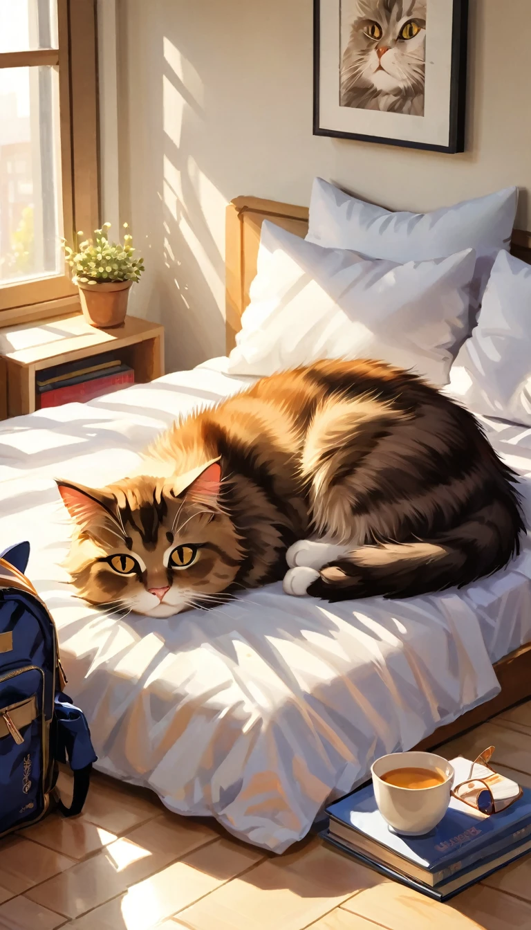 a beautiful and fluffy cat, lying on a bed, with cat-shaped pillows, sunlight streaming through a window, a nightstand with books, a 's backpack on the floor, detailed feline features, realistic fur texture, soft lighting, warm color tones, relaxed cat pose, cozy bedroom interior, photorealistic, 8K, high quality