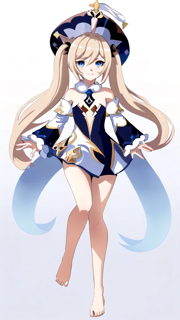 Barbara（Genshin Impact）,(height 57.9cm,B58.2cm,W45.9cm,H77.6c)、Modest chest,Blonde twin tails,Blue Eyes, Idol,White Hat,Bare shoulders,Detachable collar,Attached sleeves,Sister clothes,high resolution,high quality,High resolution,（Anime Style）,Beautiful images,Clear images,（Cute Girls）,（1 girl）,whole body（from head to toe）