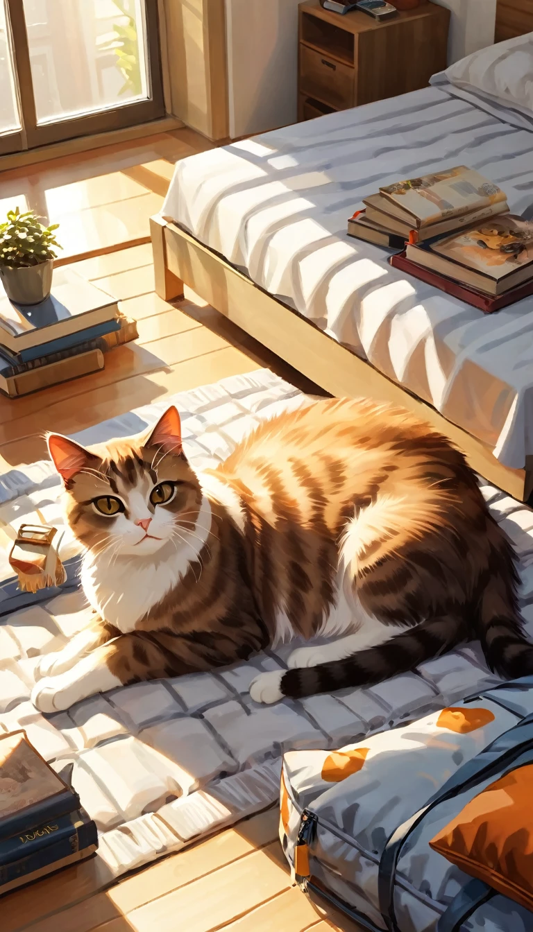 a beautiful and fluffy cat, lying on a bed, with cat-shaped pillows, sunlight streaming through a window, a nightstand with books, a child's backpack on the floor, detailed feline features, realistic fur texture, soft lighting, warm color tones, relaxed cat pose, cozy bedroom interior, photorealistic, 8K, high quality